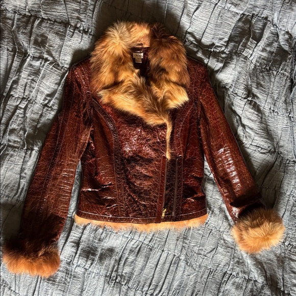 EUVC VTG Fur Collar Cuffs EMBOSSED CROC TEXTURED LAMB Zip LEATHER JACKET S M 6 8 - Picture 4 of 17